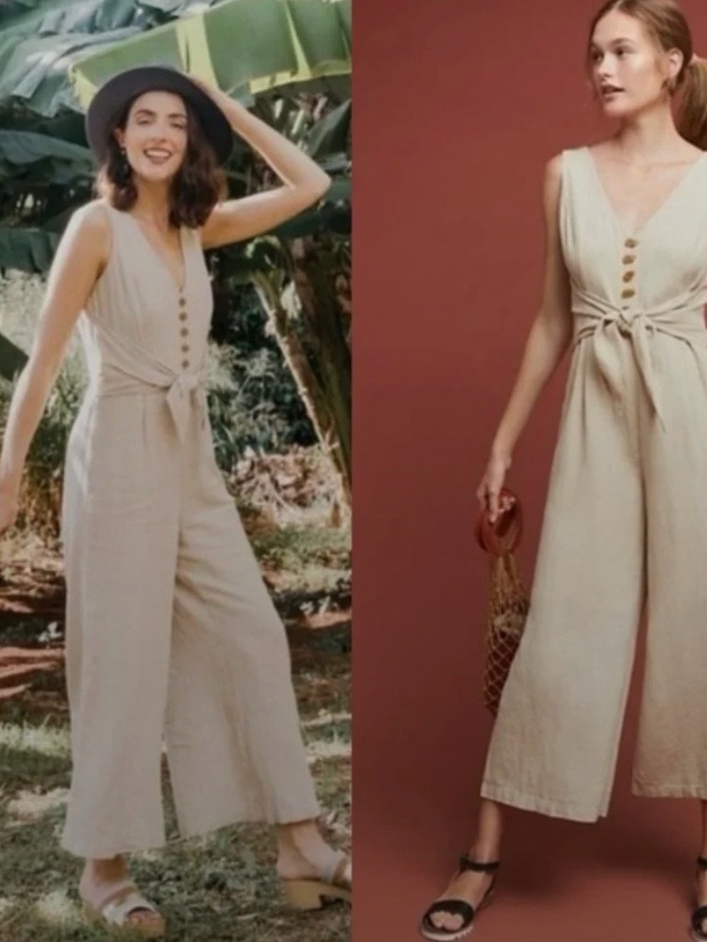 Maeve Sleeveless Tie-Front Maxi Dress in Beige with Button Detail